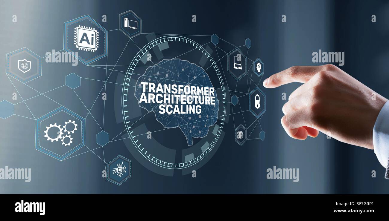 AI artificial intelligence transformer architecture scaling system for technology development with security and hand interaction Stock Photo