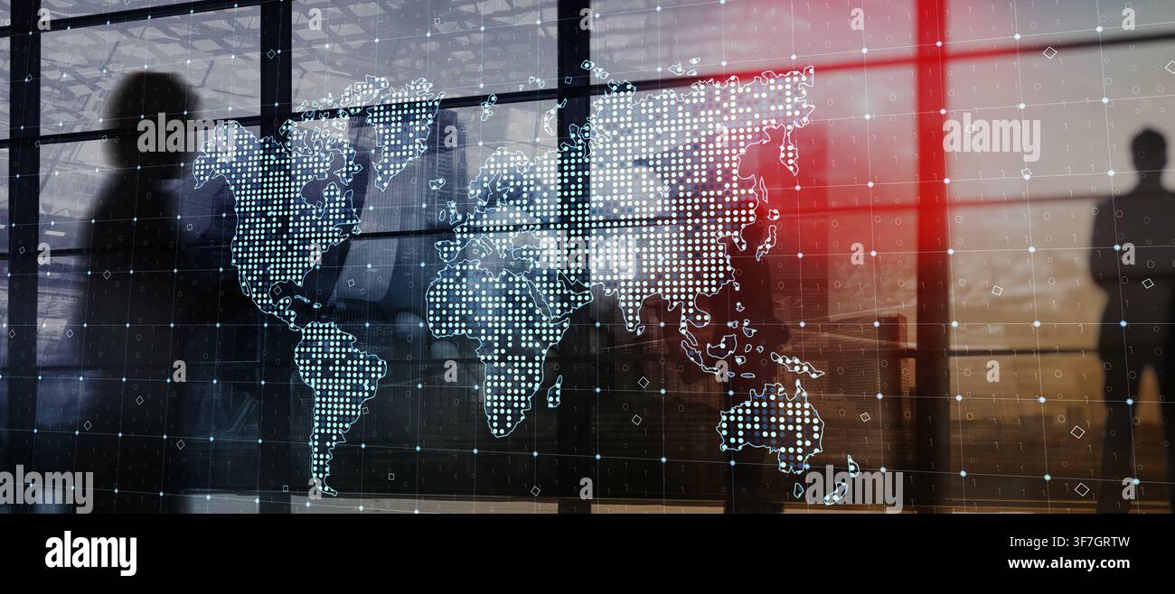 Global data visualization system for business analytics and strategic decision making with world map interface Stock Photo
