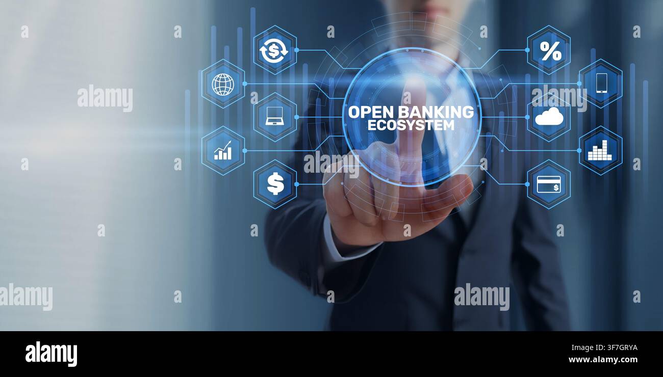 Open banking ecosystem for financial services with digital payment and cloud integration Stock Photo