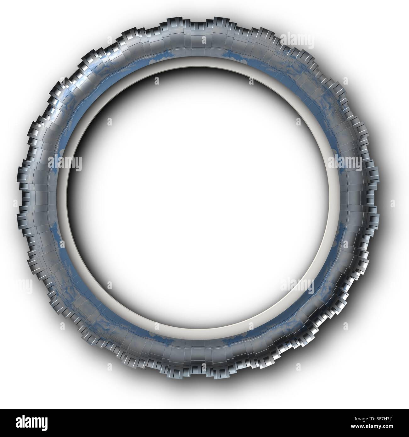 Distressed circular industrial frame border with empty center, casting subtle shadow on transparent background Stock Photo
