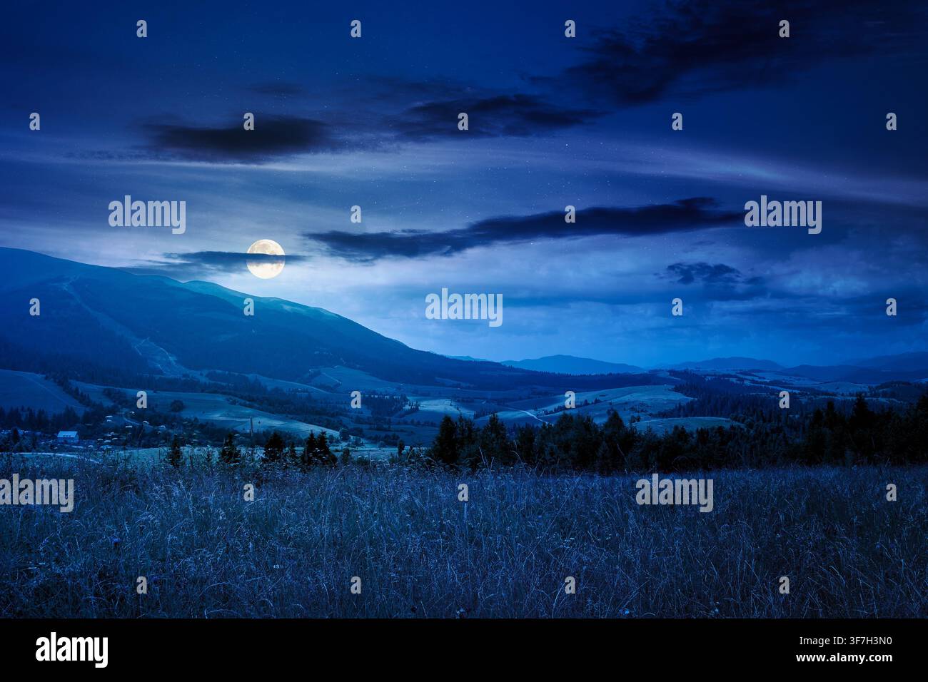 countryside mountain landscape in summer at night. full moon over lush grassy pasture on a hill near forest. rural outdoor adventure background. myste Stock Photo