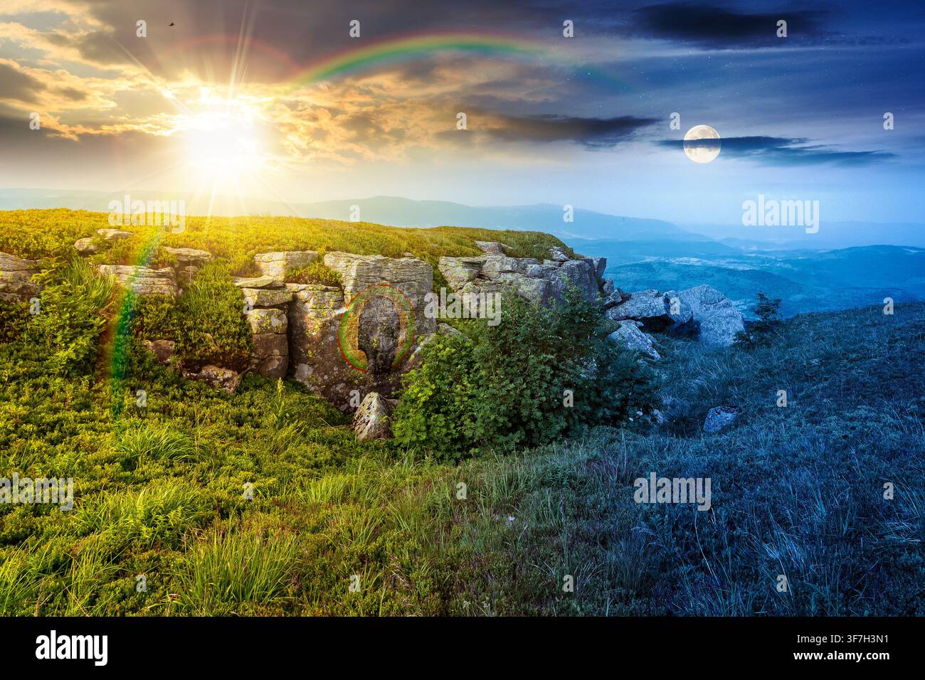 alpine meadow on summer solstice nature. day meet night. sun and moon in harmony over wild grass and grey rocks in carpathian landscape. mountain scen Stock Photo