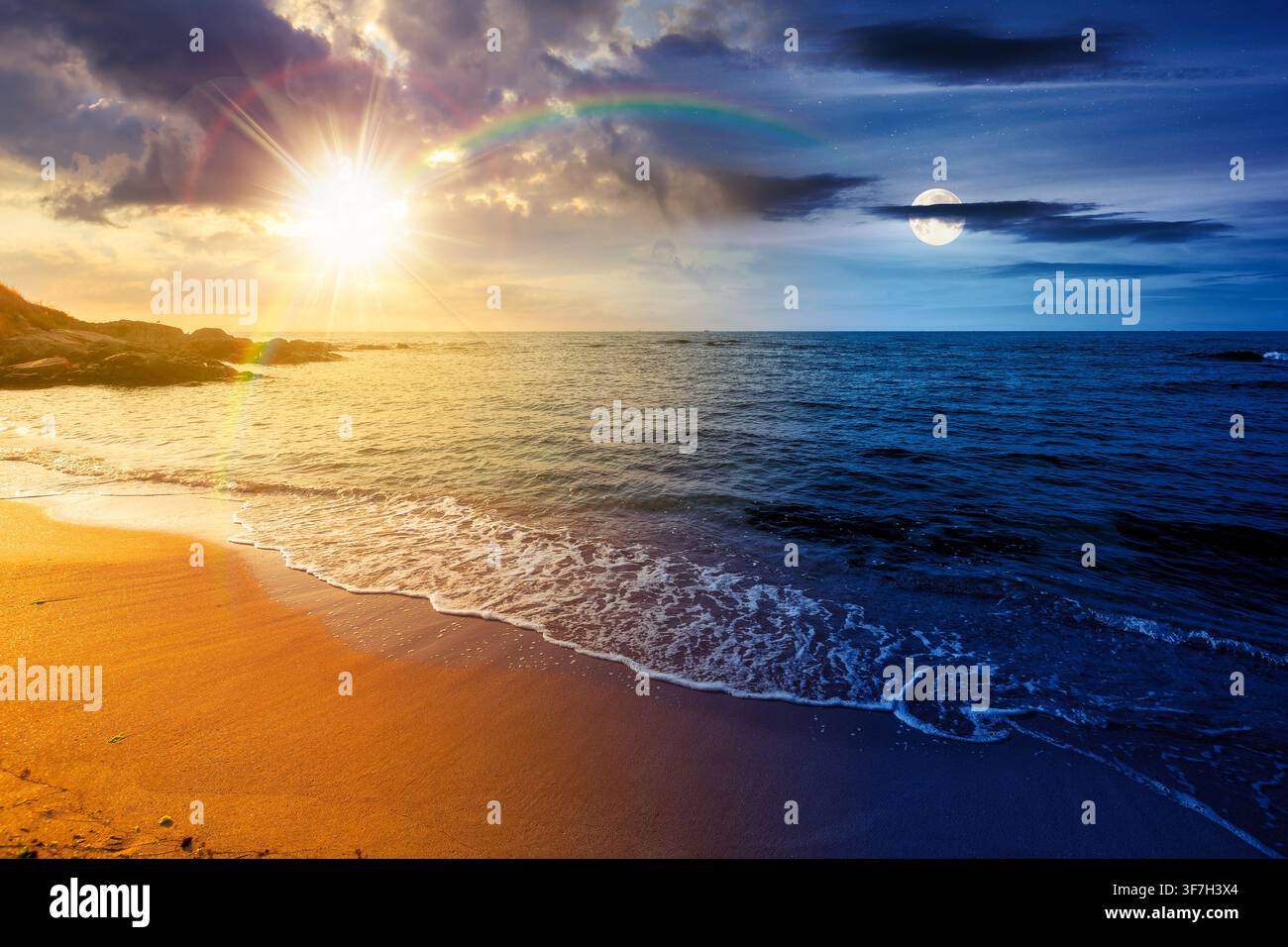 black sea landscape on summer solstice. day meet night. sun and moon over bulgaria nature landscape with sandy beach. vacation at the sea shore concep Stock Photo
