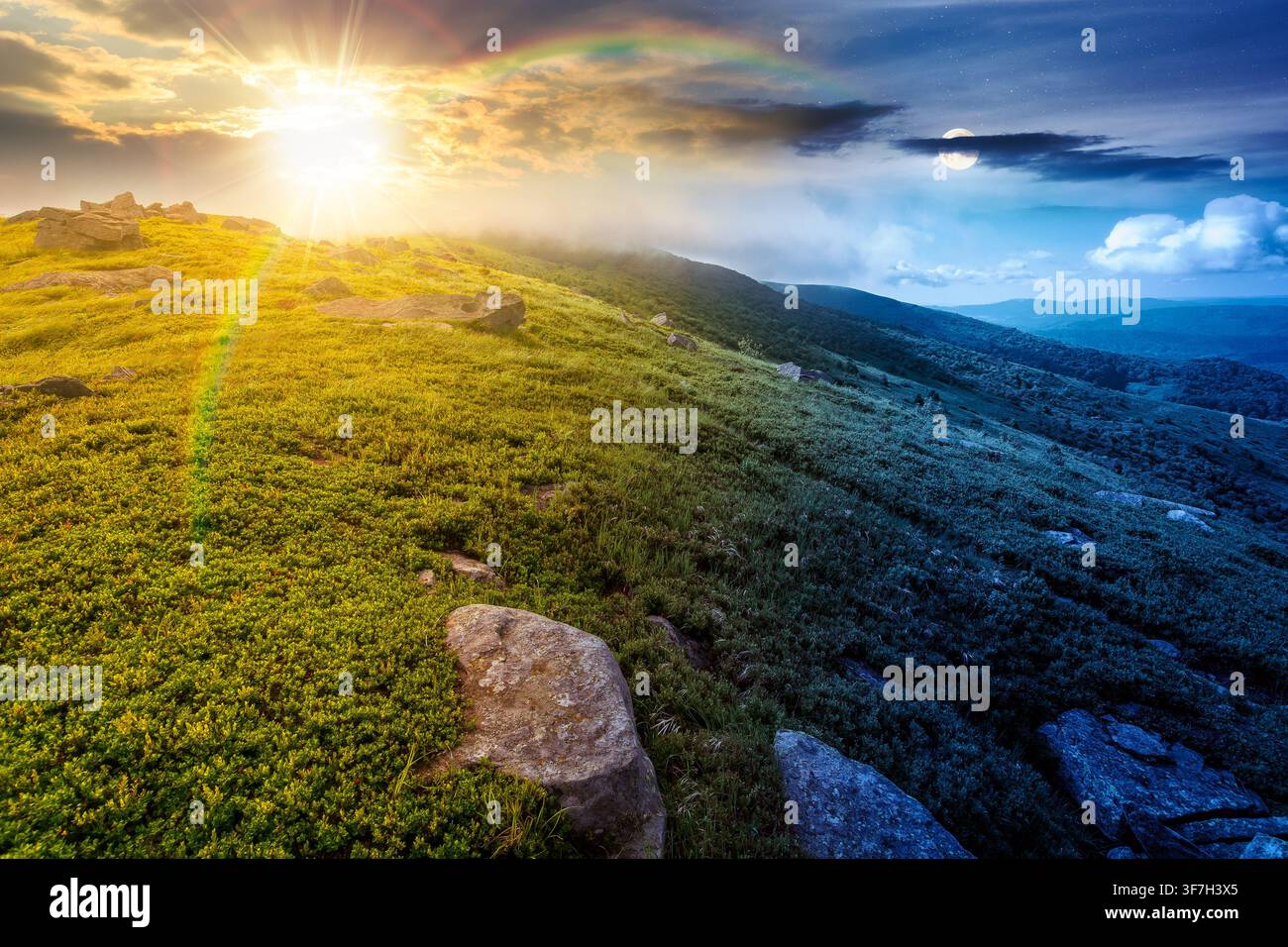 nature scenery with mountain under summer sky. day meet night. sun and moon over alpine landscape of carpathian mountain with grassy slopes. low fluff Stock Photo