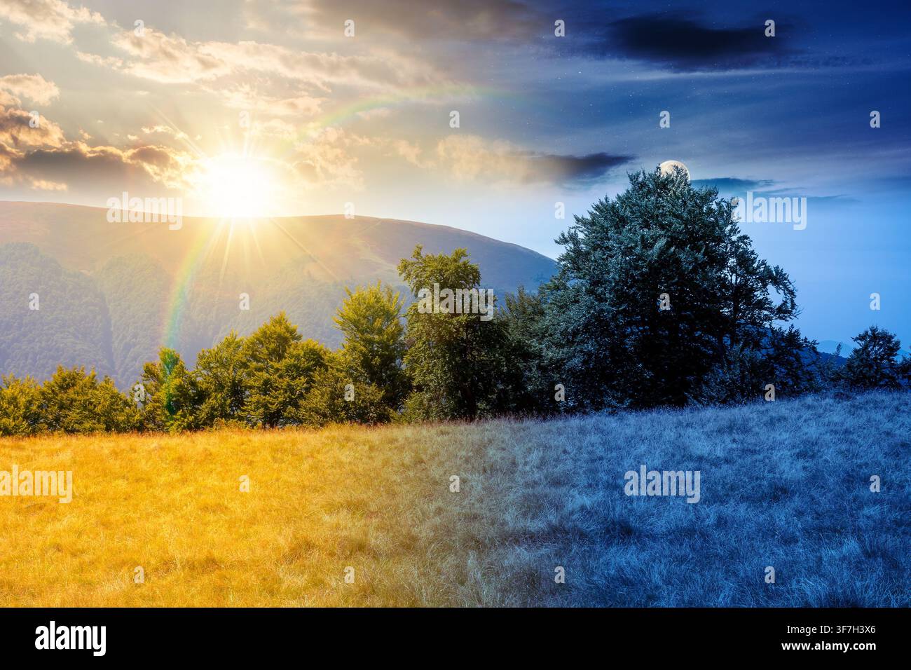 mountain landscape of ukraine. day meet night. sun and moon over alpine grassy meadow and deciduous forest on the hill. equinox nature background for Stock Photo