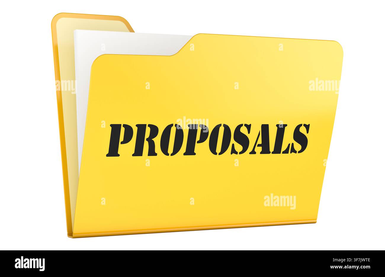 Proposals, yellow document folder with papers. 3D rendering isolated on white background Stock Photo