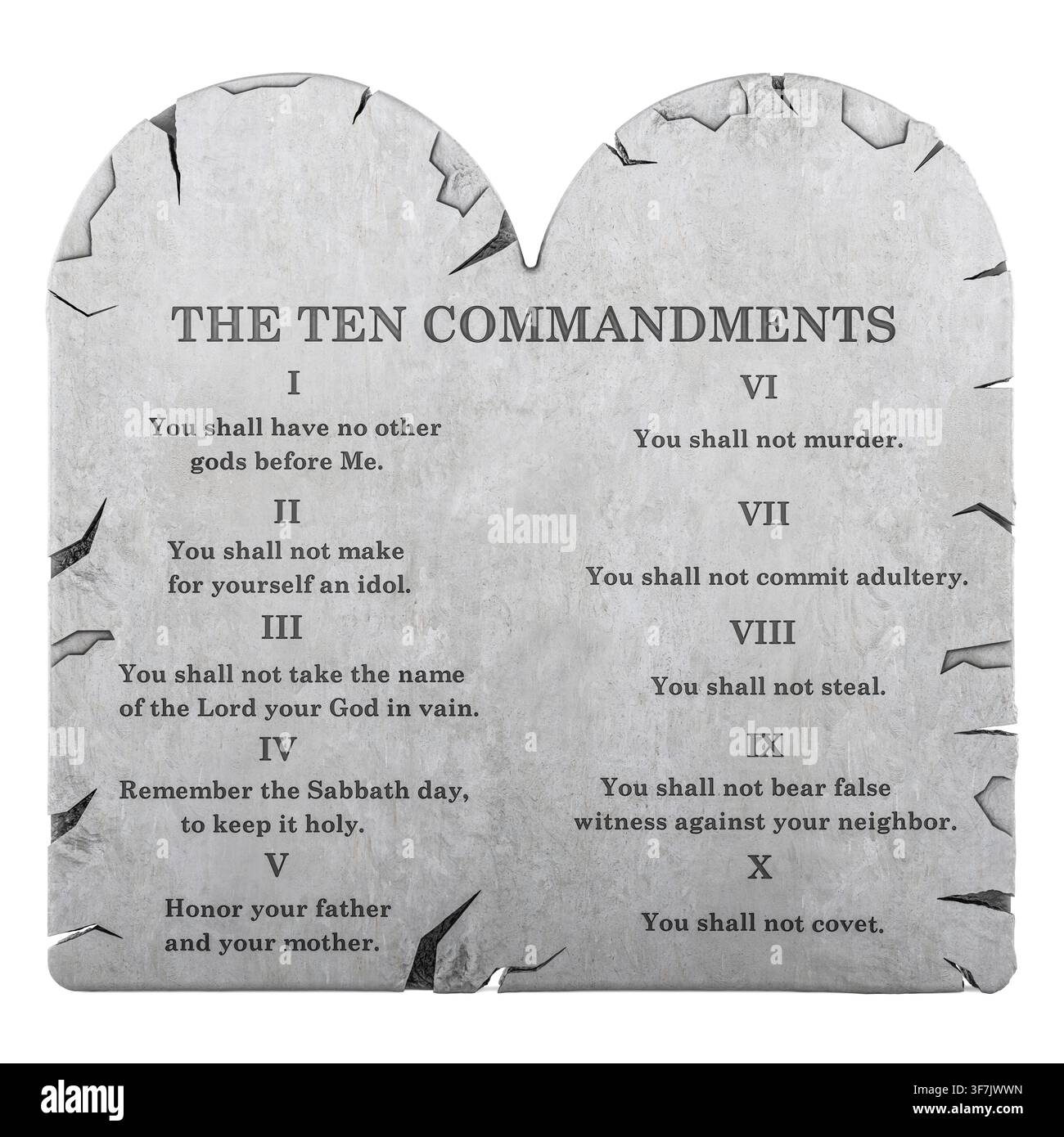 Ten Commandments stone tablets with biblical law. 3D rendering isolated on white background Stock Photo