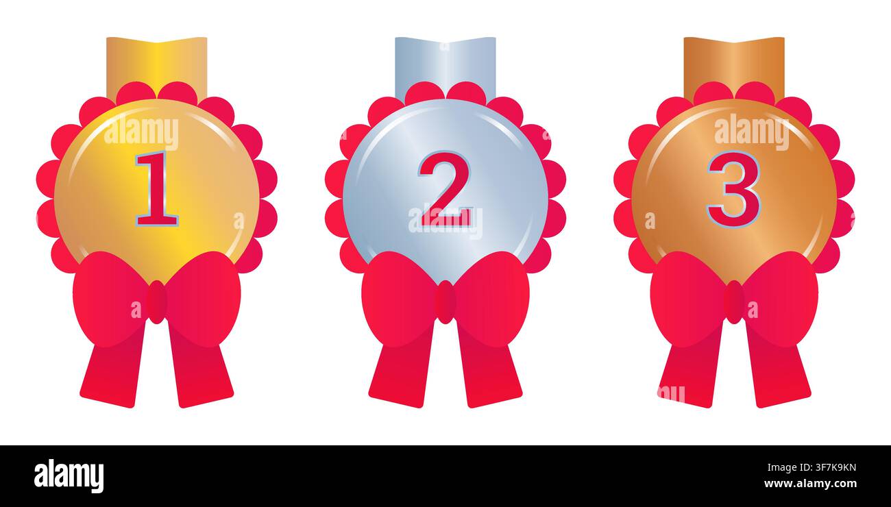 Gold, silver and bronze medal set with red bows, gradient vector shiny reward templates with red ribbons and lace rim. Winners 1, 2 and 3 places. Awar Stock Vector