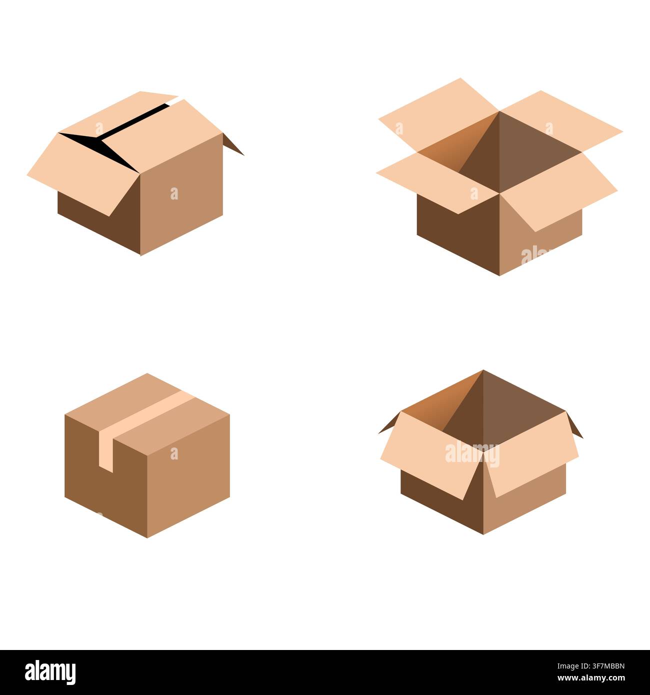 Four 3D brown boxes, open and closed Stock Vector