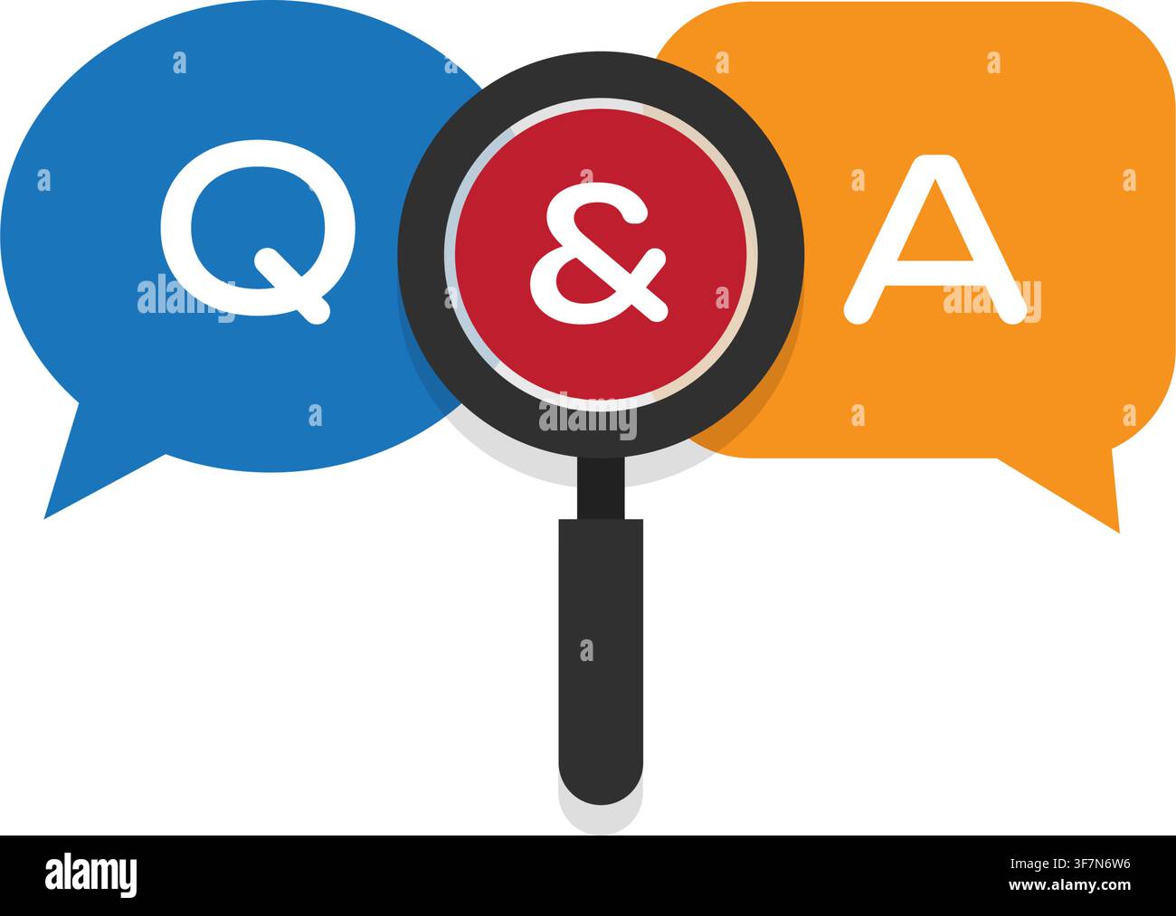 illustration showing question and answer speech bubbles with a magnifying glass for support search and help topics. Stock Vector