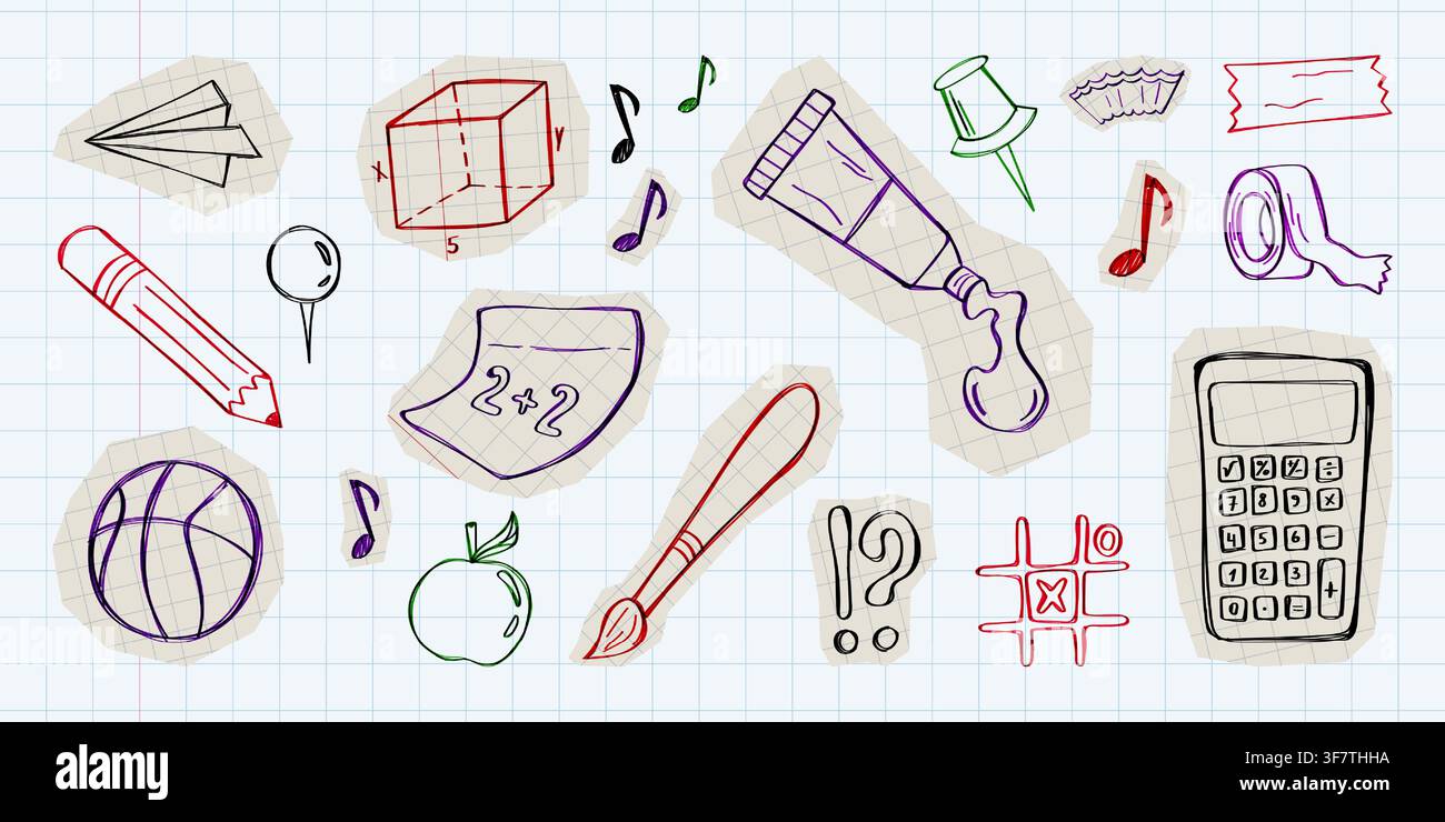 Hand drawn school doodle set isolated on notebook background. Vector realistic illustration of paper stickers with pen scribbles, paper plane, pin, ball, calculator and apple collage icons Stock Vector