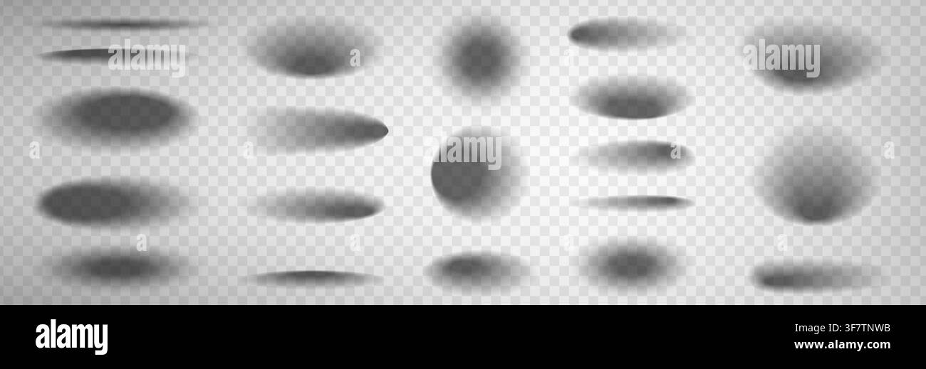 3d realistic shadow effects for round and oval objects isolated on transparent background. Vector illustration of drop shadows with soft edges, dark grey spots on flat surface Stock Vector