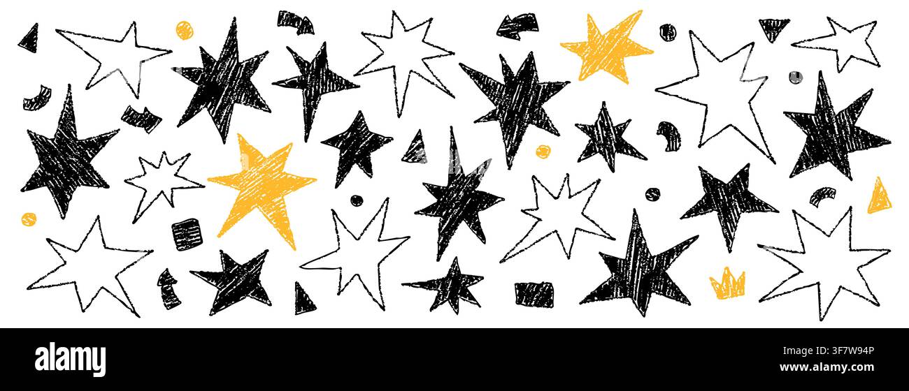 Crayon abstract simple star elements. Scrapbook vector black and yellow icons. Stock Vector