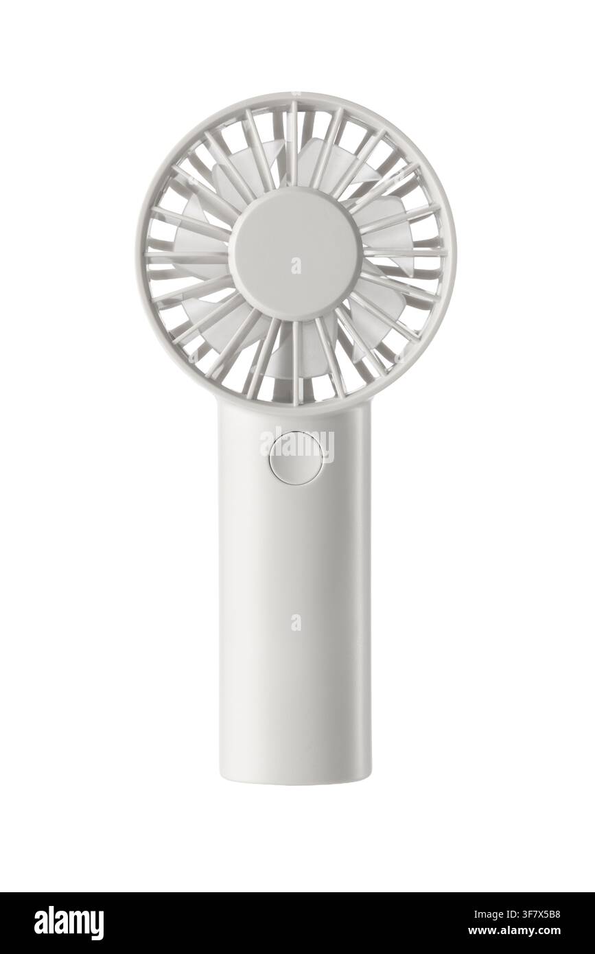 White portable handheld mini fan isolated on white background, vertical Stock Photo