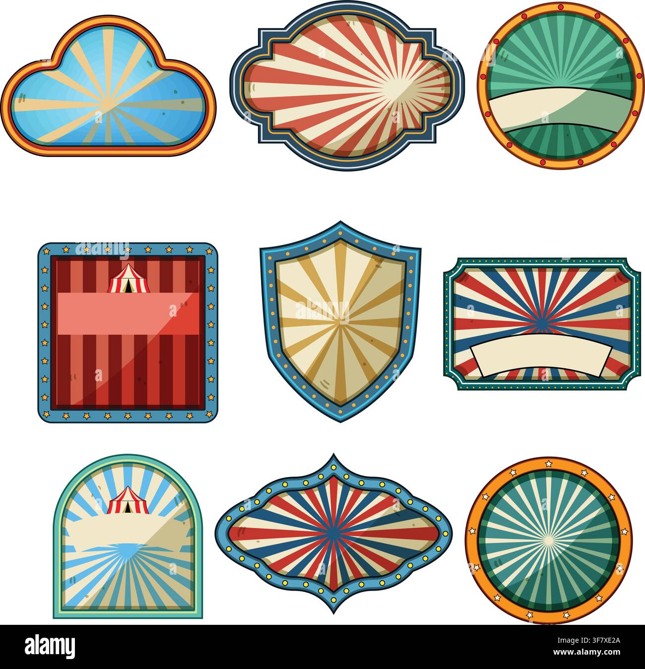 Vintage circus labels set with radiant backgrounds Stock Vector