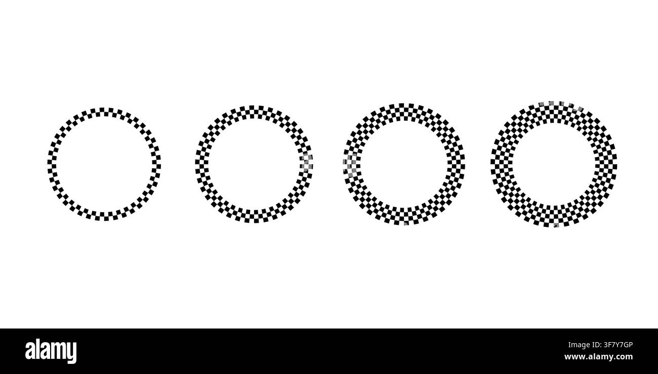 Checkered circle frame set with race flag pattern border art design featuring four circular variations isolated on white background Stock Vector
