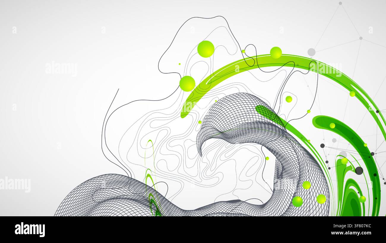 Abstract background with fluid green shapes, wireframe 3D grid wave, topographic lines and plexus network. Vector Stock Vector