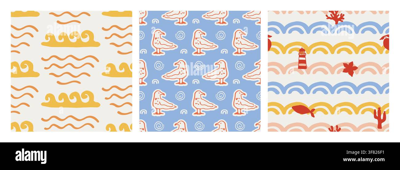 Coastal boho pattern set with ocean waves, gulls Stock Vector
