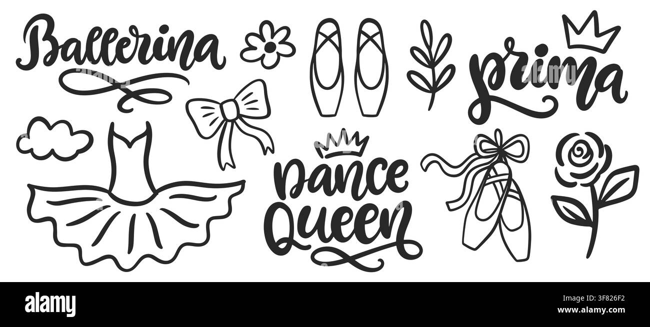 Ballet vector element set with ballerina lettering Stock Vector