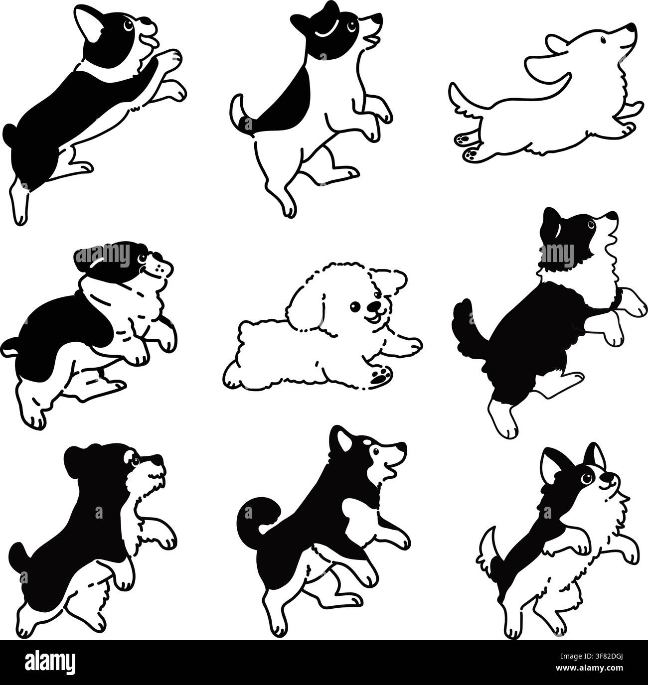 Set of hand drawn cute dogs running illustrations with only outlines Stock Vector