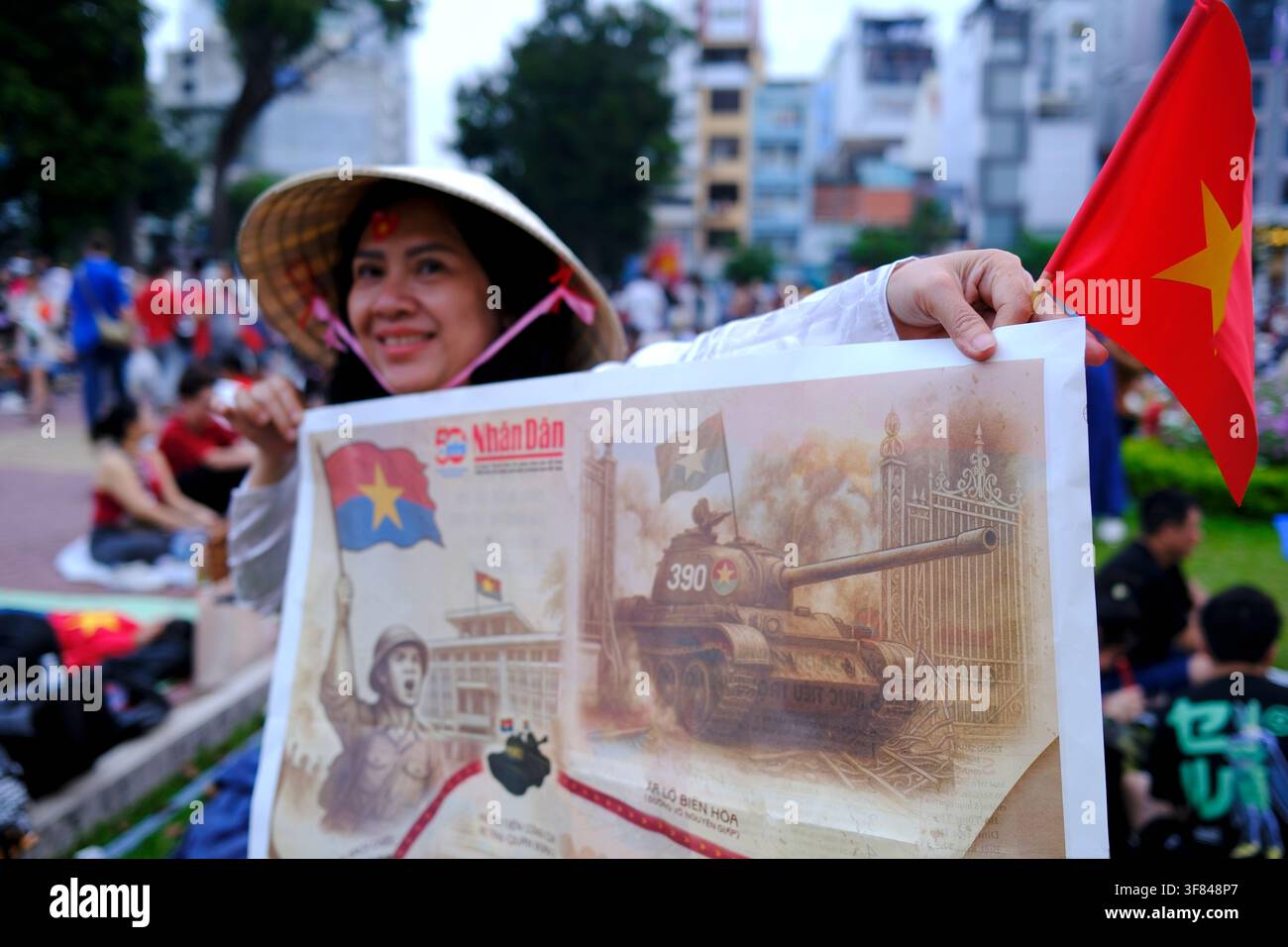 Vietnamese celebrate the 50th anniversary of the end of the Vietnam War on April 30 in Ho Chi Minh City Stock Photo