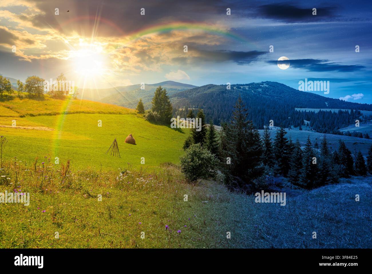 countryside mountain landscape in summer. day meet night. sun and moon over view of Borzhava mountain ridge behind the green pasture at twilight. fiel Stock Photo
