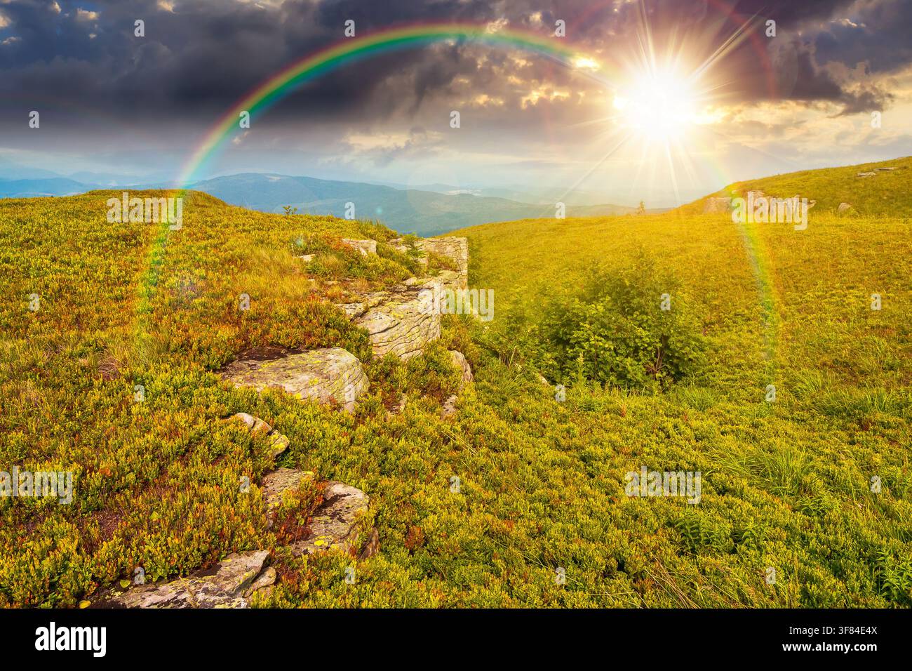 sunset over alpine meadow in summer nature. wild grass and grey rocks in carpathian landscape. mountain scenery of perechyn district, ukraine. weather Stock Photo