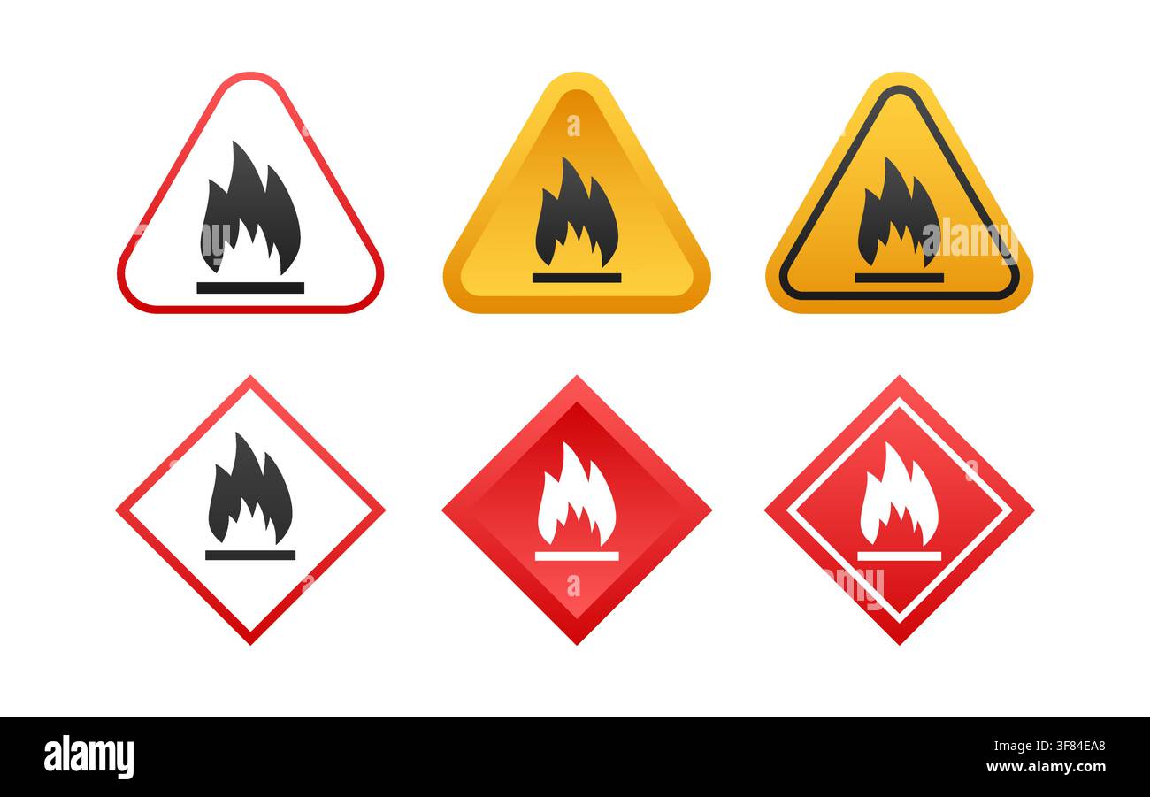 Flammable warning signs set indicating fire hazard Stock Vector