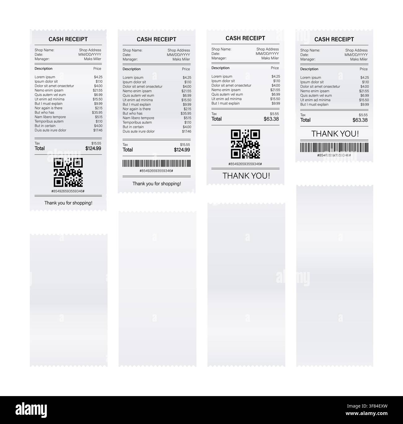 Retail cash receipt paper set with QR code Stock Vector