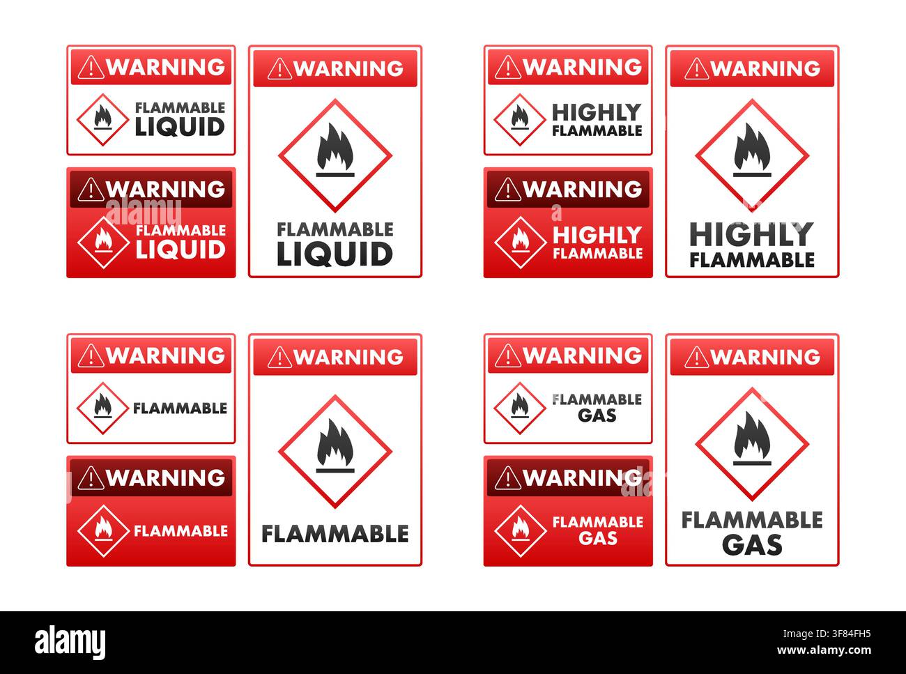 Flammable liquid gas hazard warning signs Stock Vector