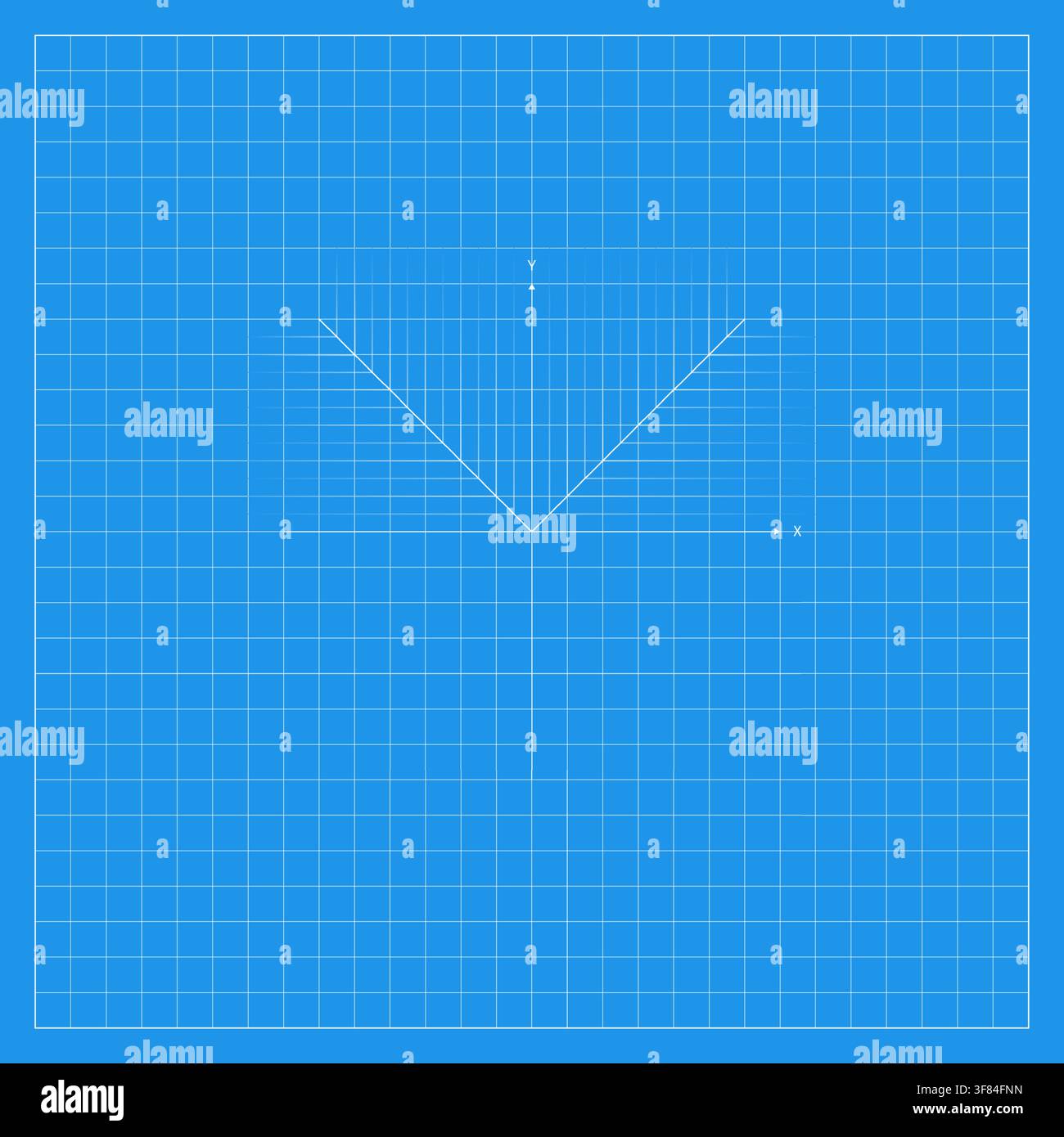 Blue algebraic graph background featuring a fine square coordinate grid and a thin white angular V-shaped mathematical line. The clean geometric compo Stock Vector