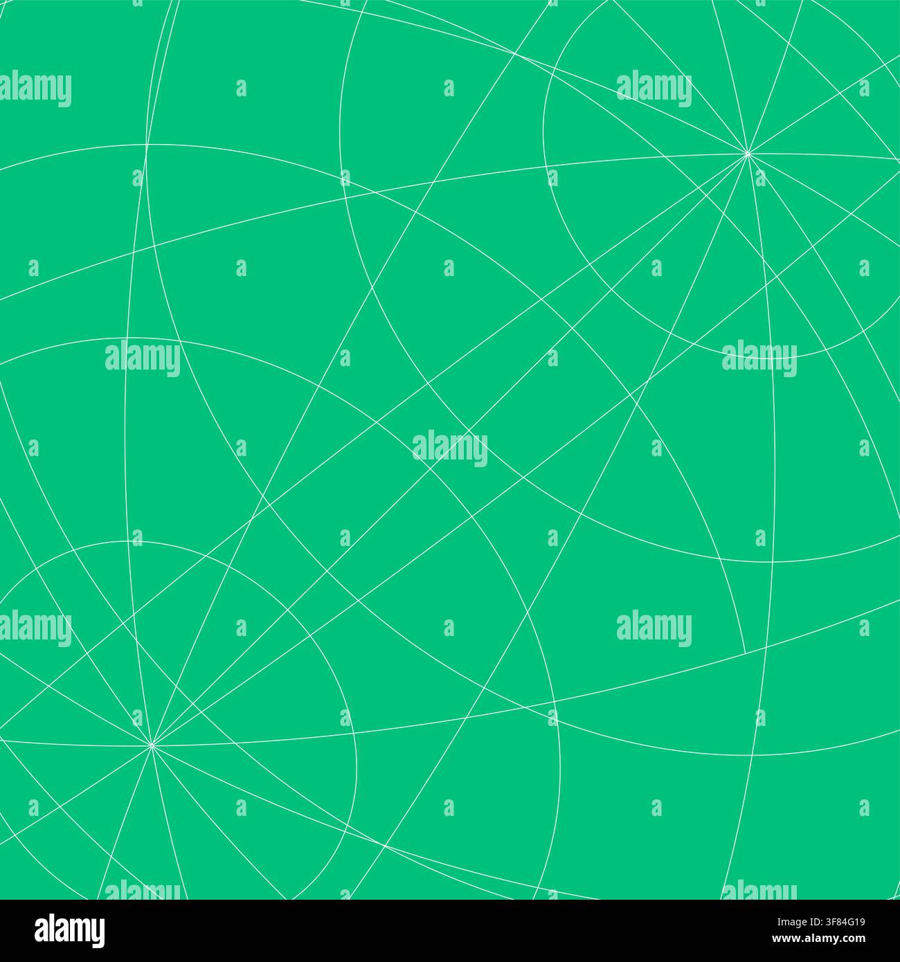 Abstract green mathematical background featuring multiple thin white curved lines, overlapping circular arcs, geometric intersections, and flowing orb Stock Vector