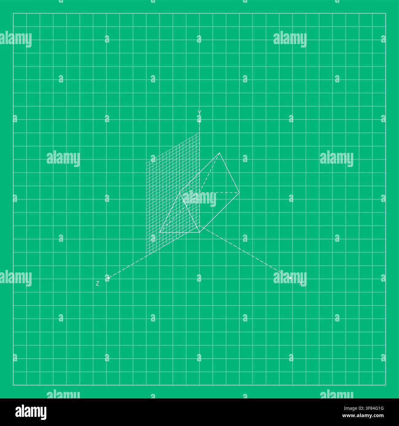 Green geometric background featuring a white wireframe triangular three-dimensional form with intersecting planes, perspective axes, fine construction Stock Vector
