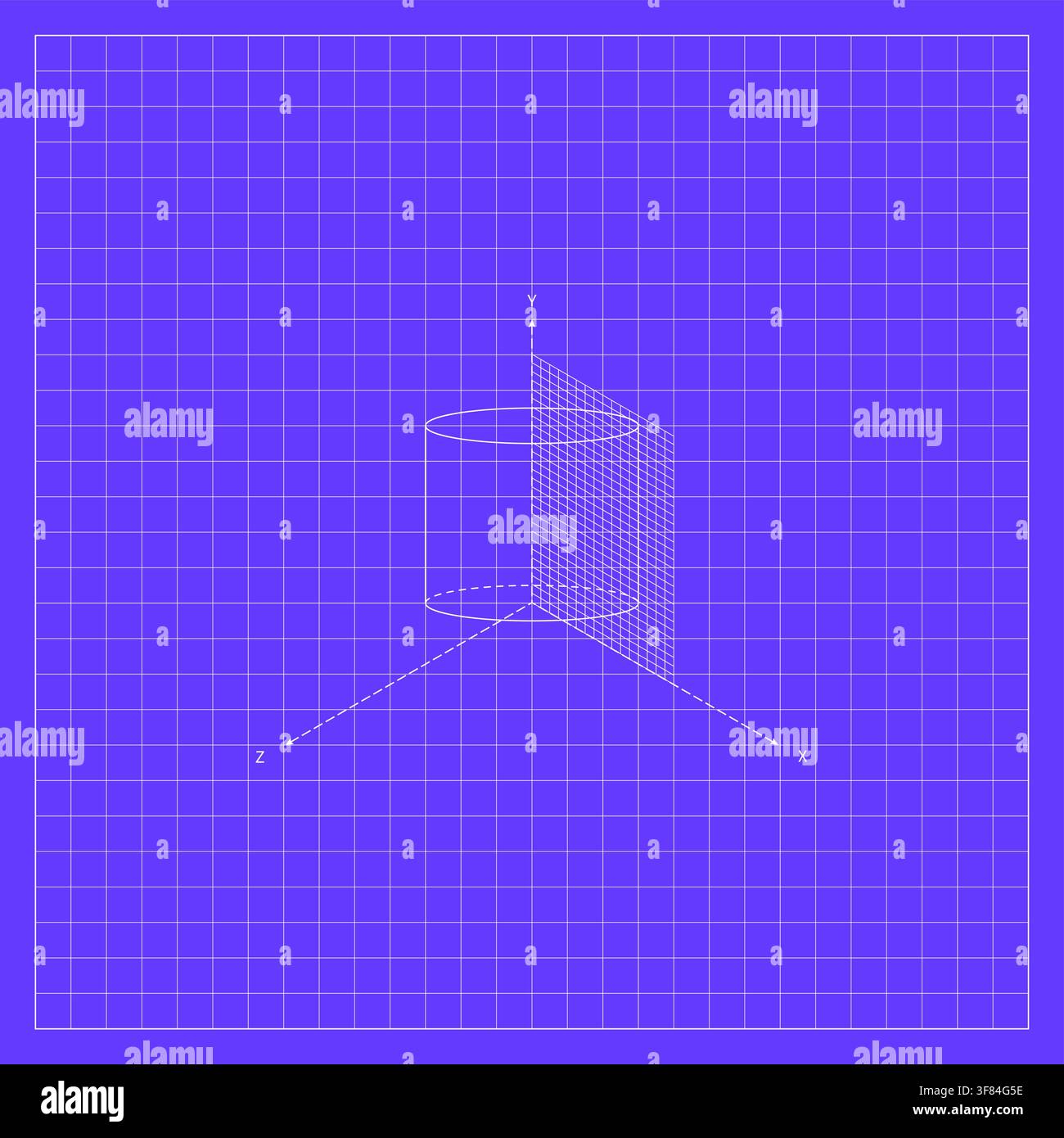 Purple geometric background featuring a white wireframe three-dimensional geometric form with rectangular planes, perspective axes, intersecting const Stock Vector