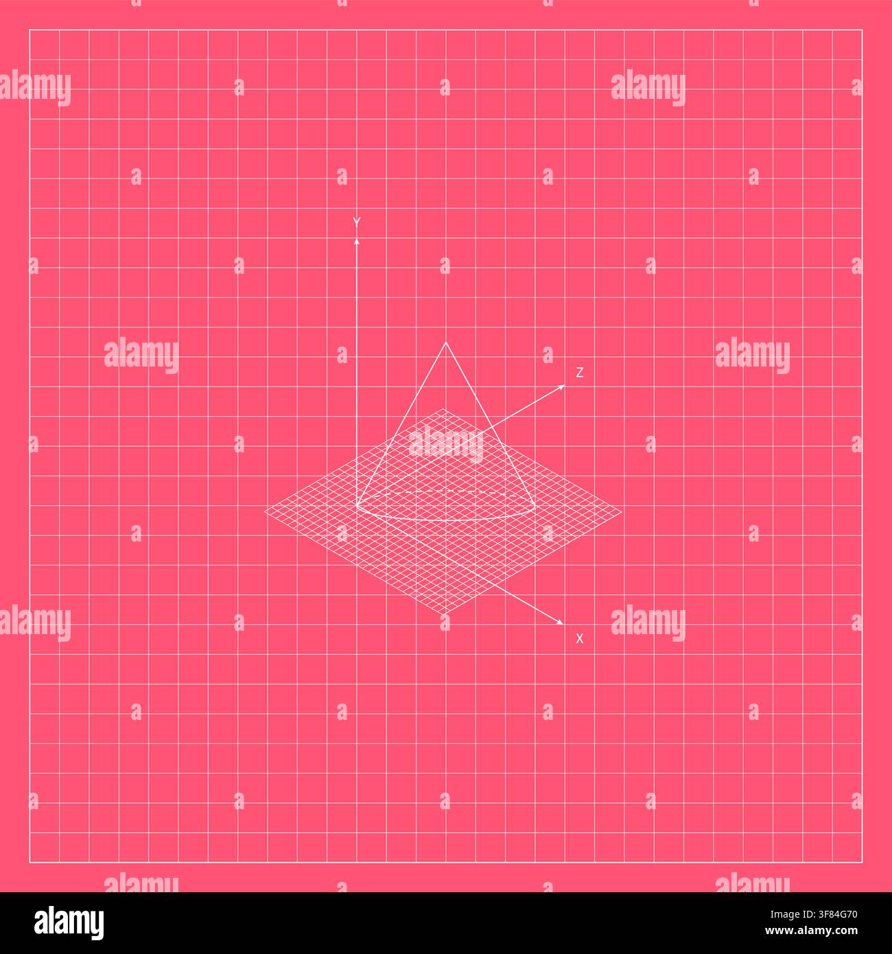 Pink geometric background featuring a white wireframe pyramid surface with triangular planes, intersecting geometric lines, perspective construction, Stock Vector