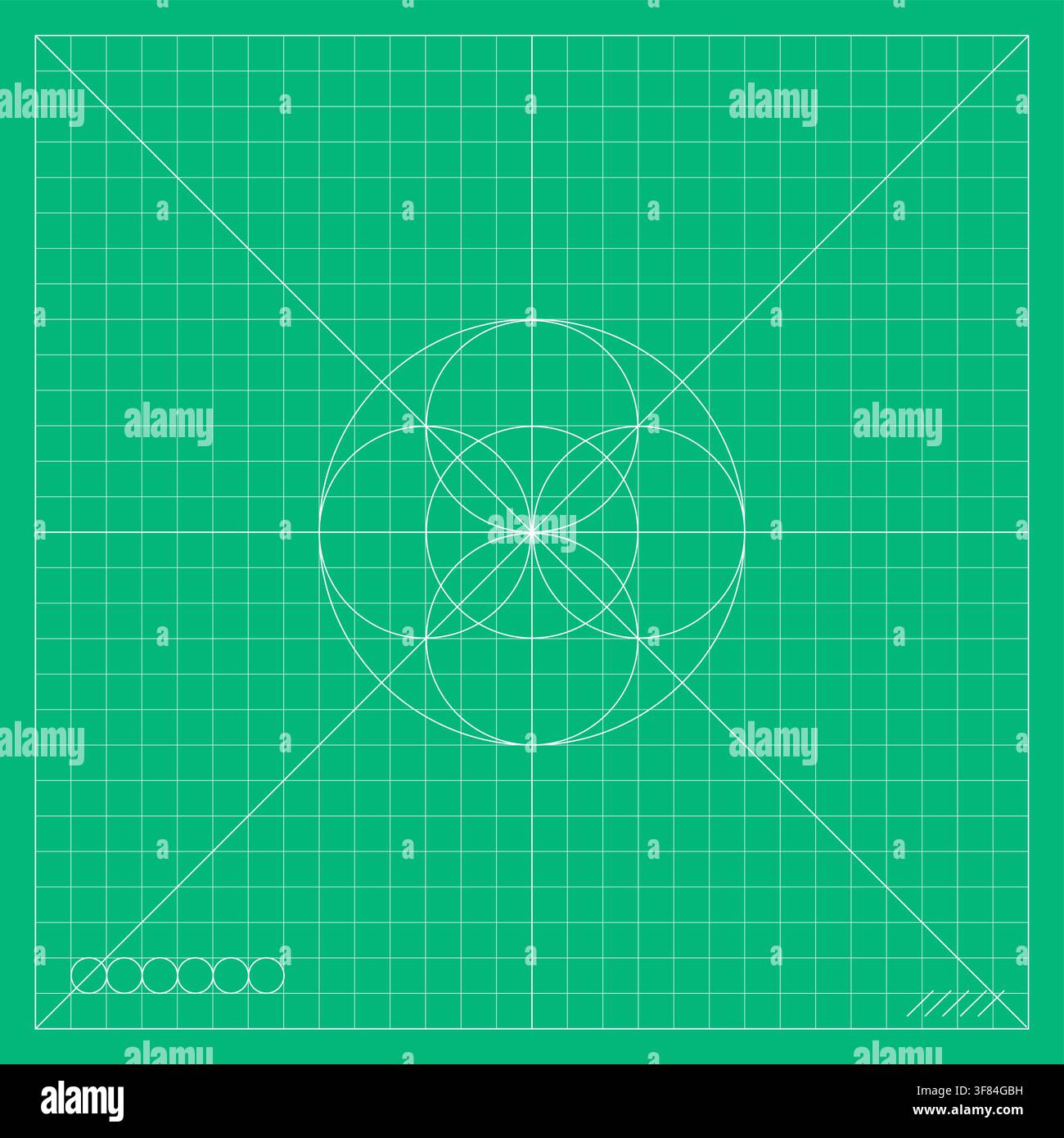 Green mathematical grid with concentric circular forms, intersecting construction lines, radial geometry, and precise technical marks, inspired by com Stock Vector