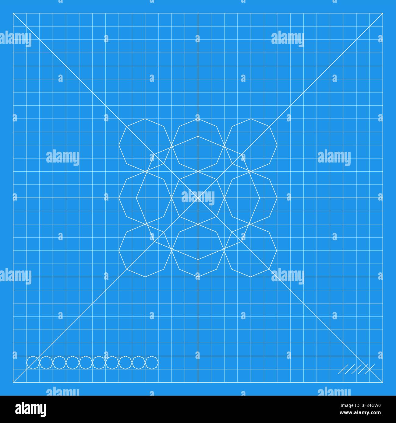 Blue mathematical grid featuring a symmetrical floral rosette construction made from overlapping circles and curved geometric lines, inspired by compa Stock Vector