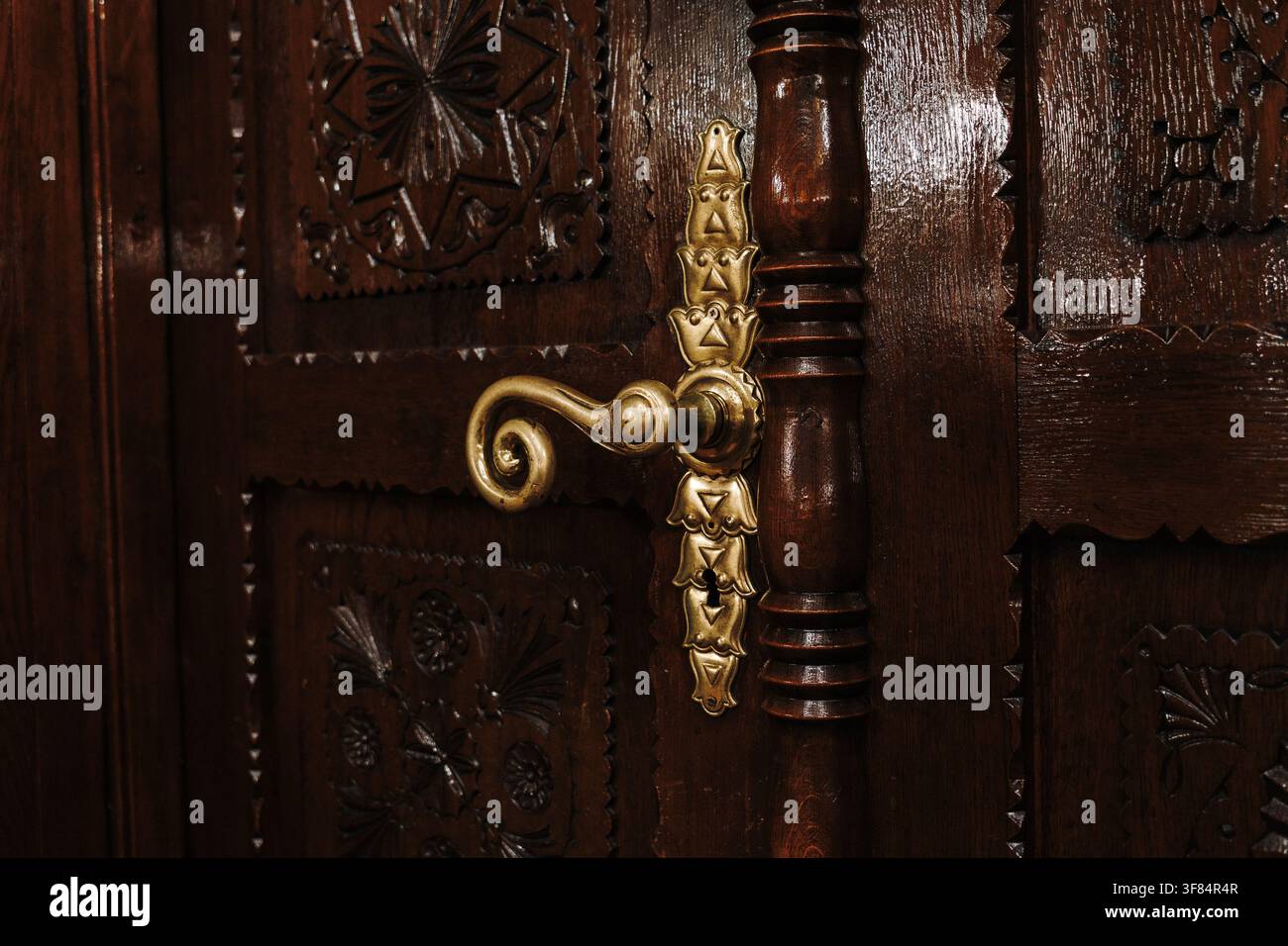 Decorative brass handle mounted on an intricately carved wooden door. Traditional craftsmanship and historic architectural details. Stock Photo