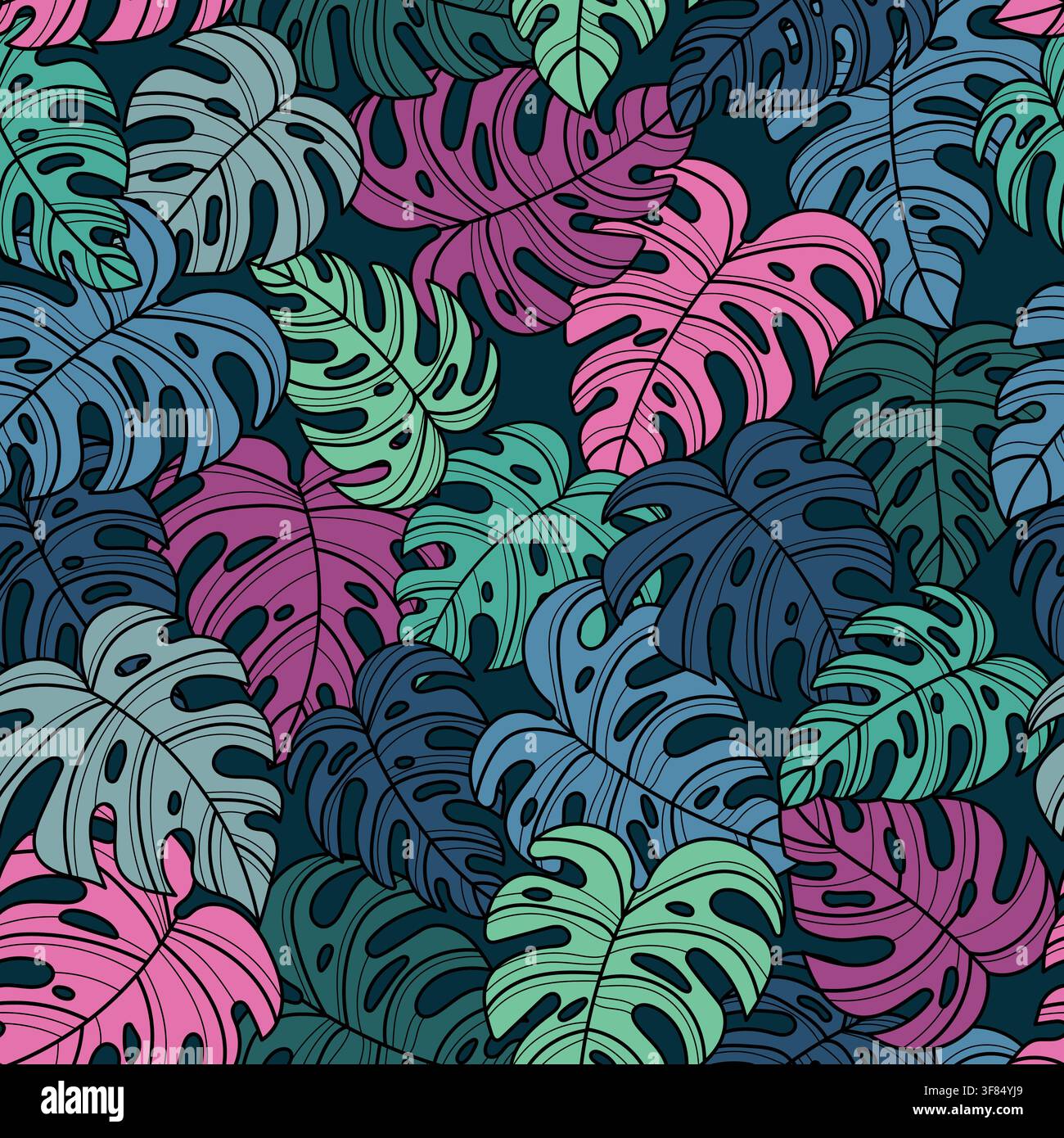 Seamless pattern with vibrant monstera leaves Stock Vector