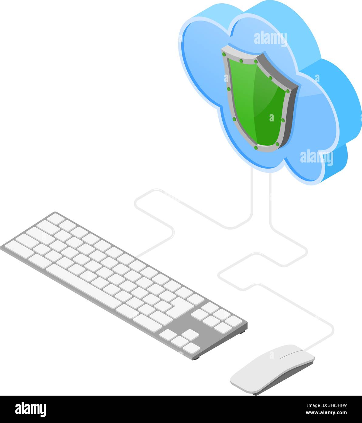 Cloud Computing Technology Isometric Concept with Computer Keyboard, Mouse and Shield Icons. Security cloud storage server. Vector illustration Stock Vector