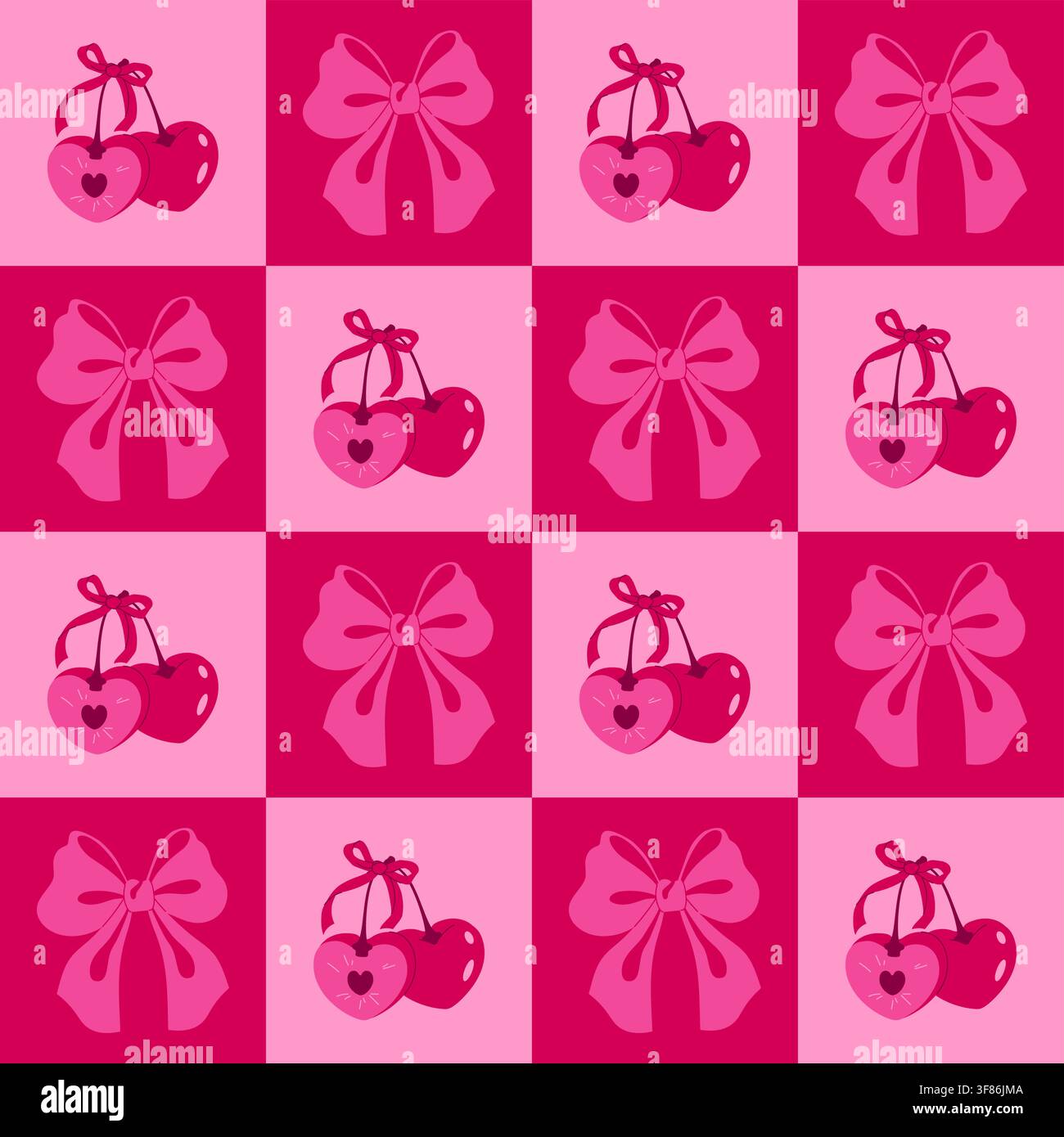 Pink Cherry and Bow Checkerboard Pattern Stock Vector