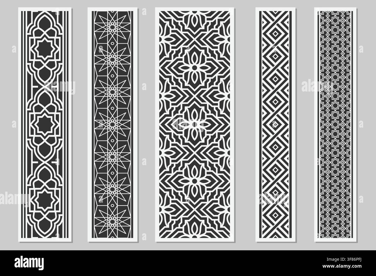 Geometric patterns collection featuring five distinct vertical panels for diverse decorative applications and design projects Stock Vector