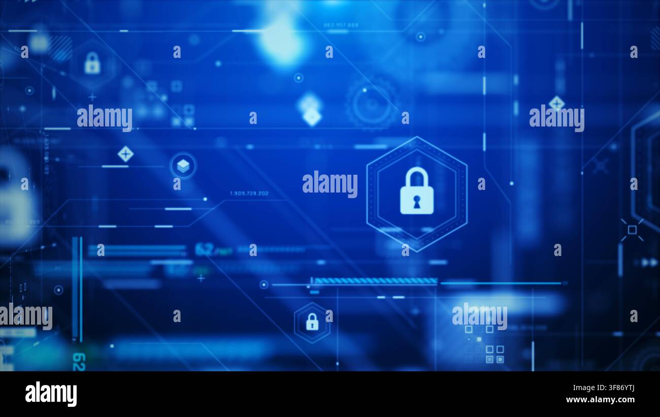 3D rendering cyber security HUD scene with layered digital locks, flowing data lines and futuristic network panels, designed for high-tech visuals, AI Stock Photo