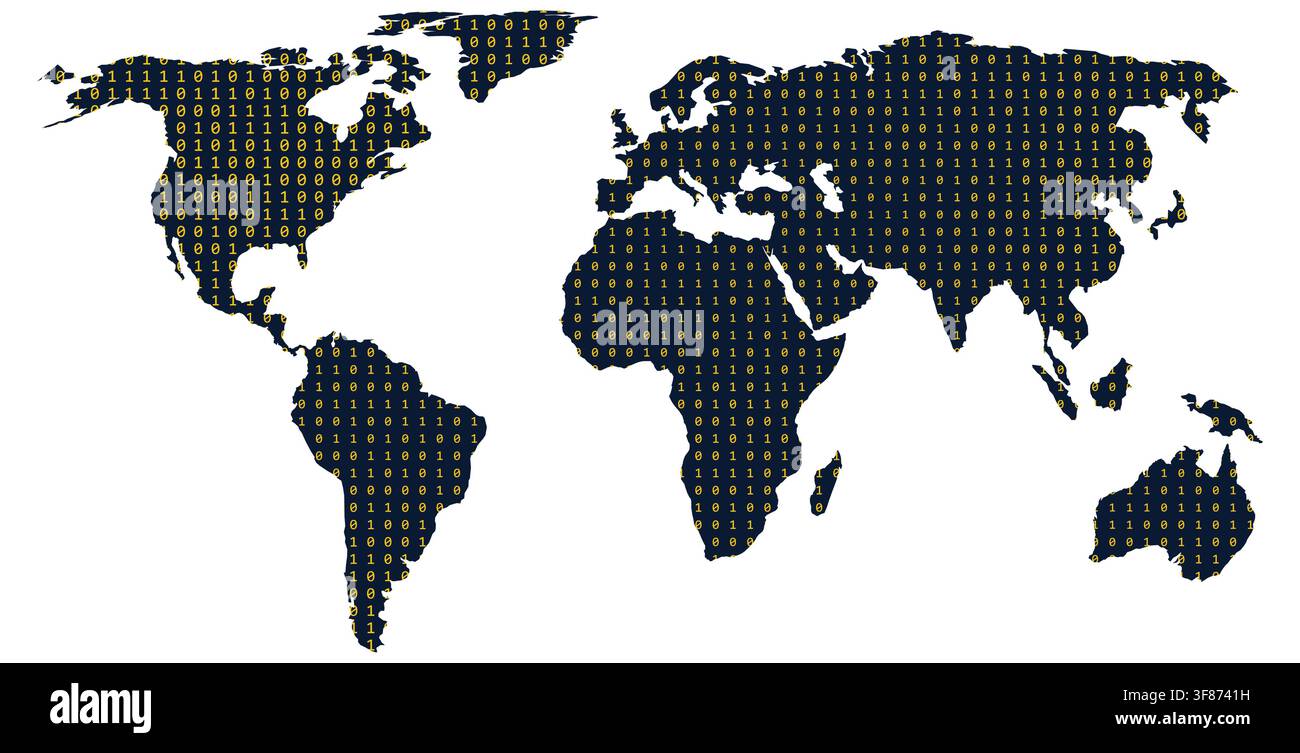 gold on blue typographic terrain world map with binary code and text characters filling continental shapes for modern wall art decor poster decor Stock Vector