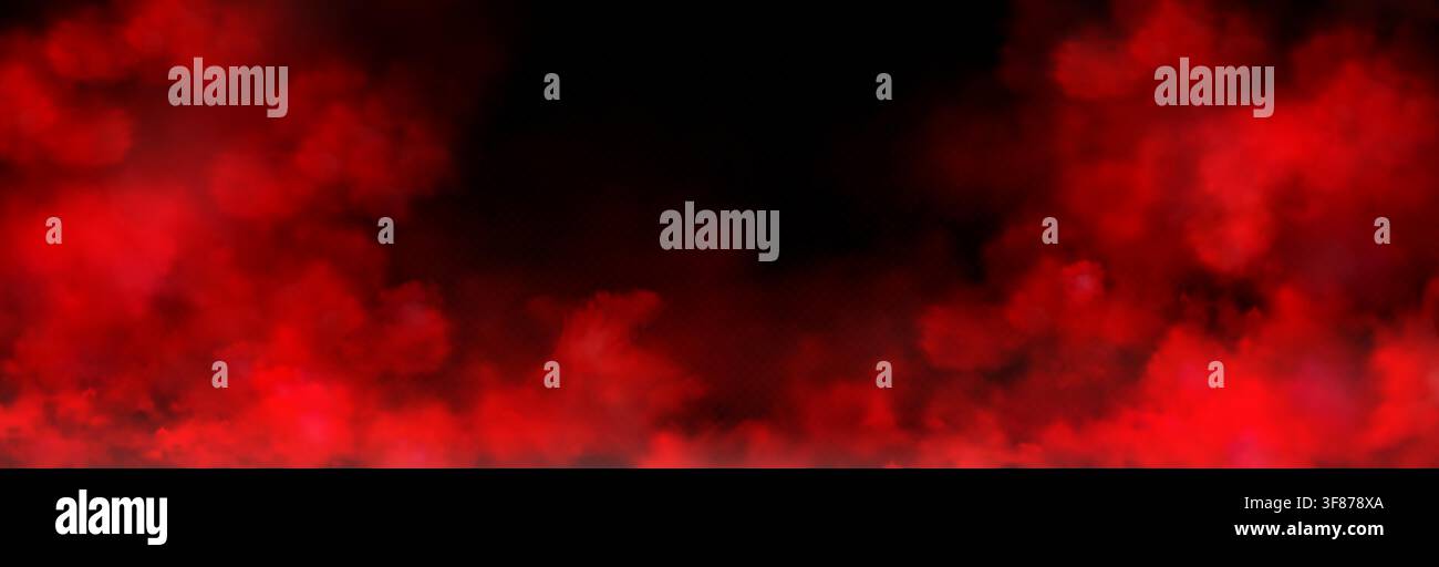 Red smoke clouds, realistic vector paint powder frame on transparent background with dramatic dark effect. Mysterious fog with dust or mist texture, abstract cloudy border design Stock Vector