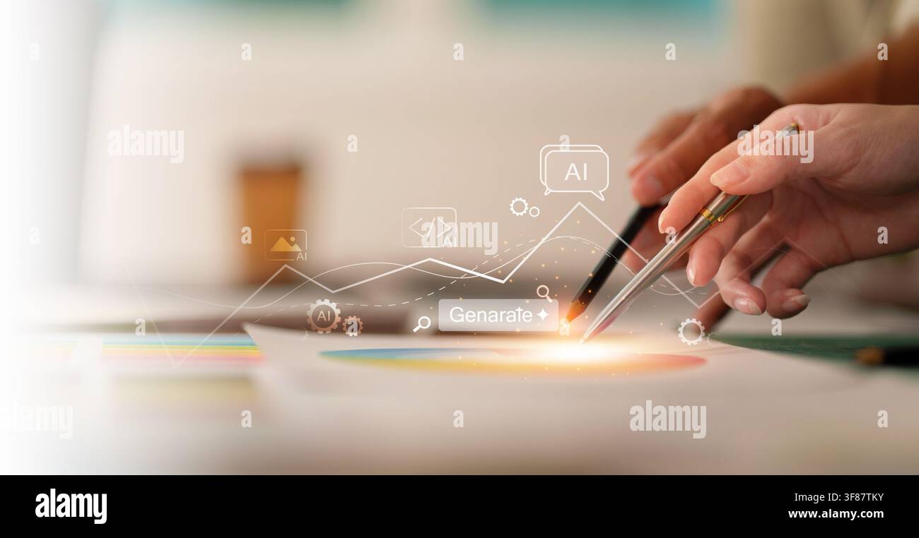 Team using AI tool for content generation and data analysis Stock Photo