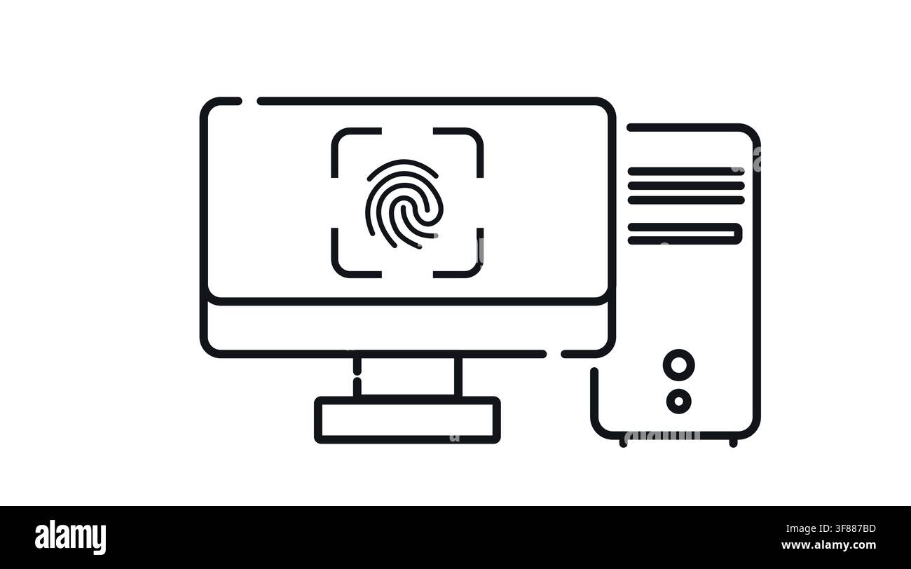 Desktop computer tower and monitor with fingerprint scan symbol on screen vector icon. Stock Vector