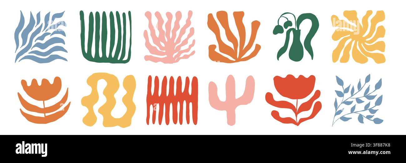 Decorative organic shape floral elements with playful abstract curves and soft botanical style. Bold vector inspired forms create a cheerful Stock Vector