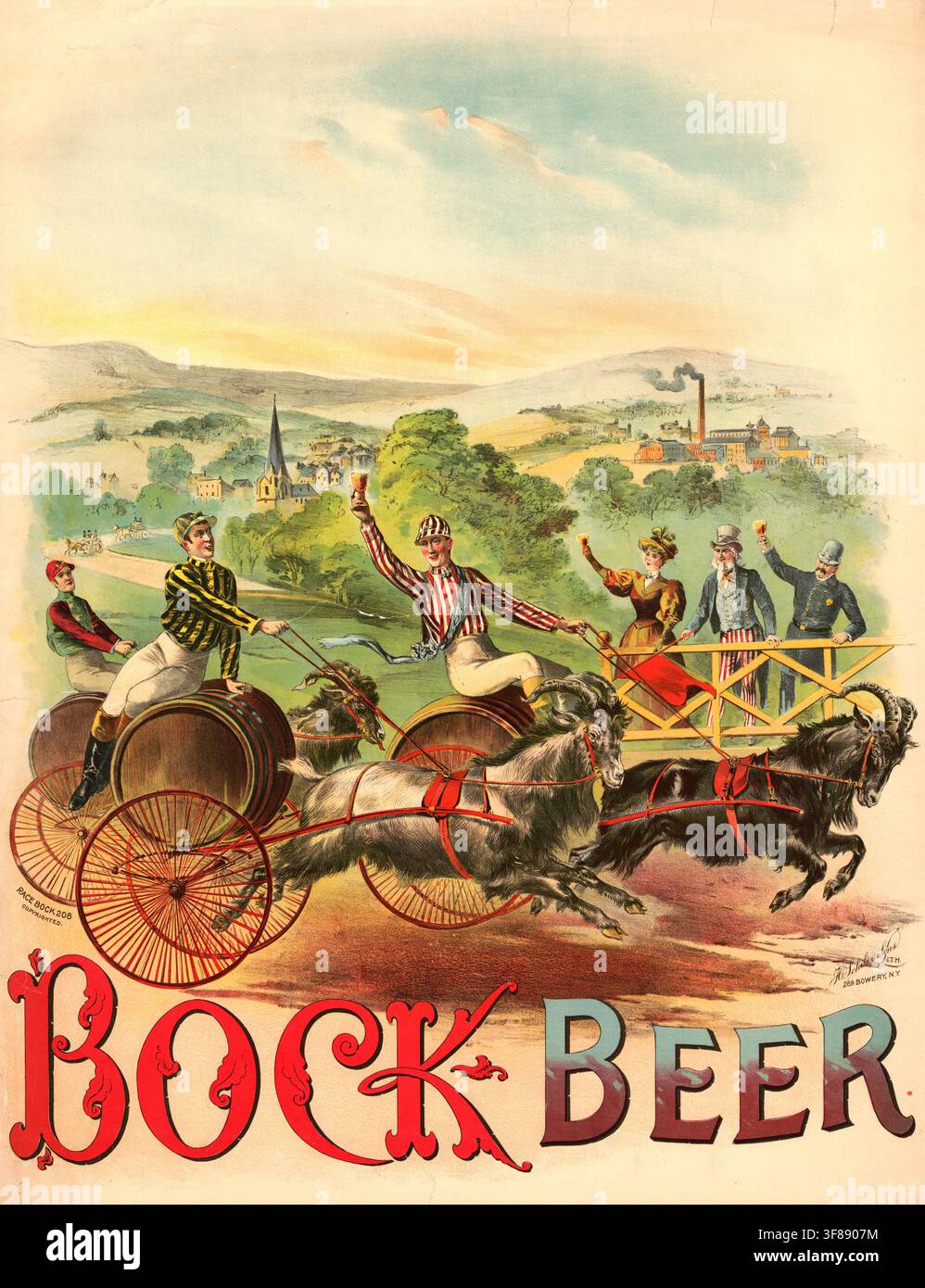 Werbeplakat, Getränkewerbung, Werbeplakat für Bock Beer aus dem Jahr 1895, das von der Firma Rode & Brand lithographiert wurde. Das Bild zeigt ein hum Stock Photo