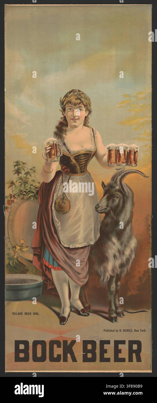 Werbeplakat, Getränkewerbung, Werbeplakat für Bockbier, 1885, eine Frau in traditioneller Kleidung, die Bierkrüge serviert, neben einem Bock, authenti Stock Photo
